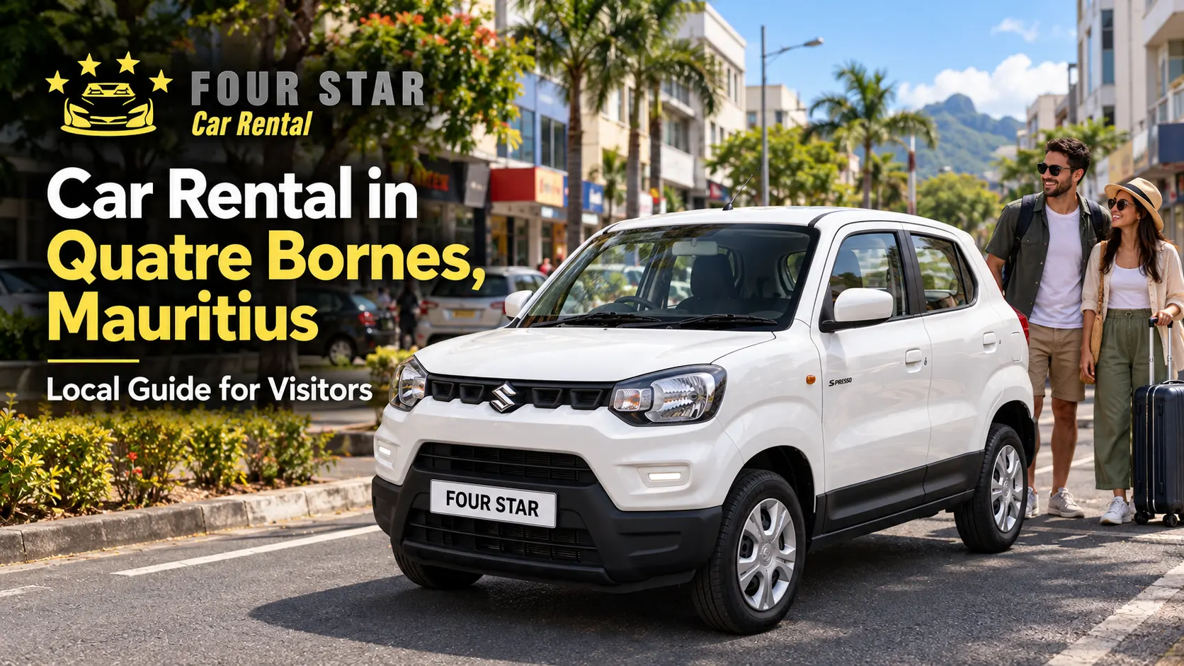 Car rental in Quatre Bornes Mauritius with a compact rental car in an urban Mauritius setting